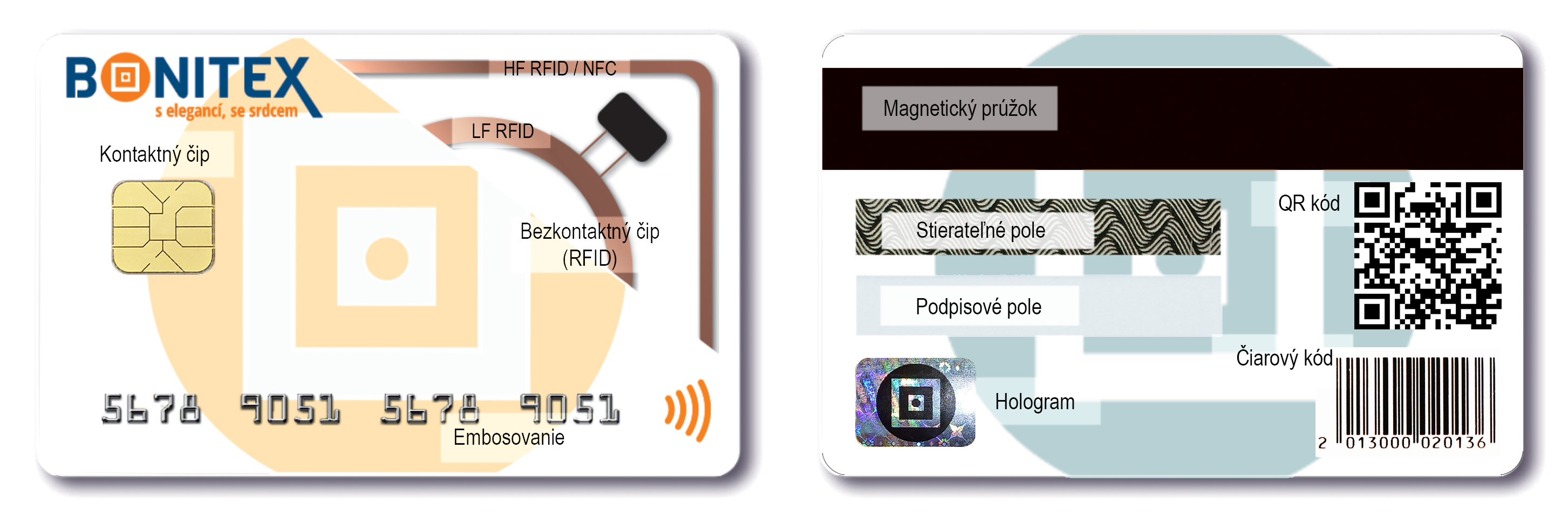Vyrábame karty s kontaktným čipom, RFID alebo NFC čipom, embosovaním, stierateľným a podpisovým poľom, QR alebo EAN kódom, prípadne s magnetickým prúžkom.