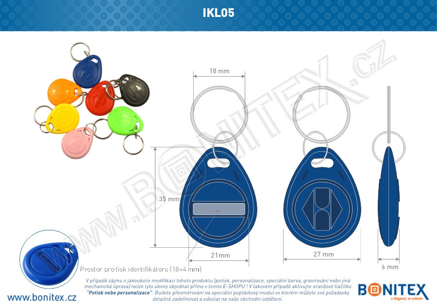 ABS klíčenka 35x28, tl. 6mm s RFID 13,56 MHz, modrá-botinex
