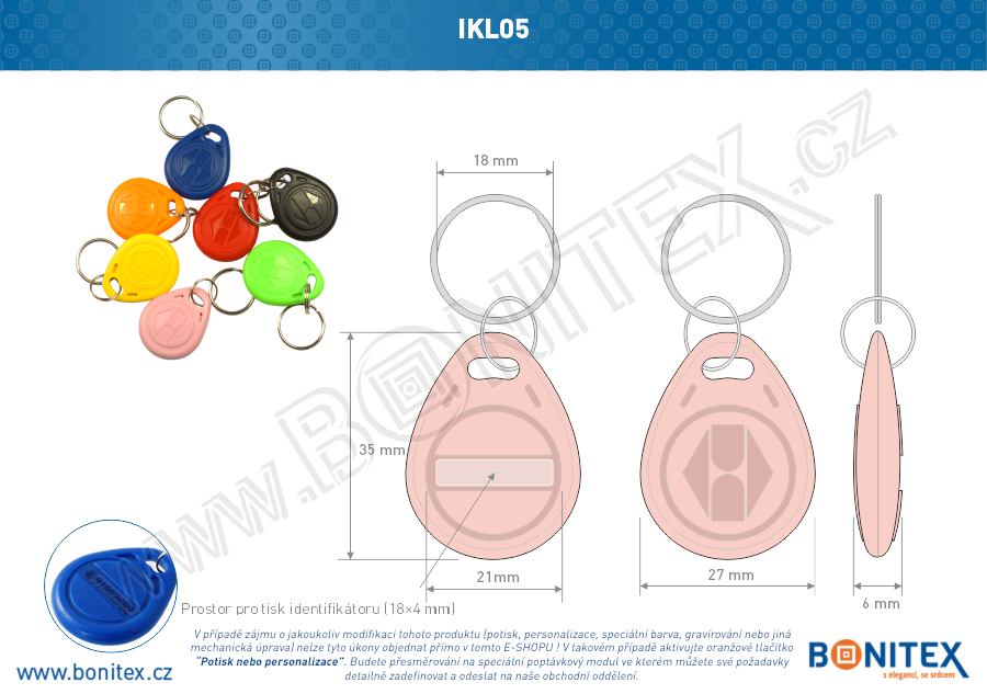 Klíčenka-ABS-35x28-tl.6mm-s RFID-125 kHz-růžová-botinex