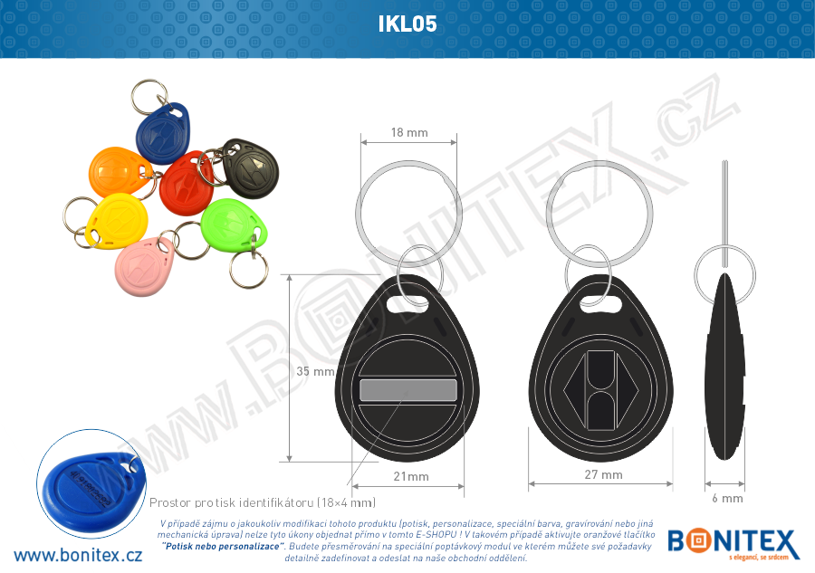 ABS klíčenka 35x28, tl. 6mm s RFID 13,56 MHz, černá-botinex