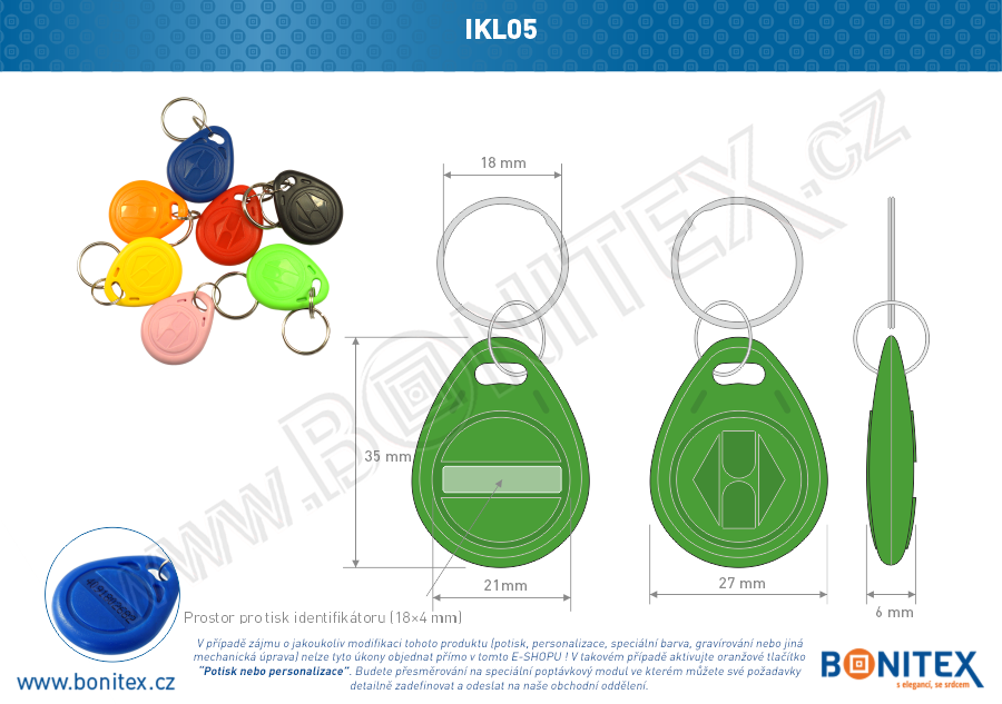 ABS klíčenka 35x28, tl. 6mm s RFID 13,56 MHz, zelená-botinex