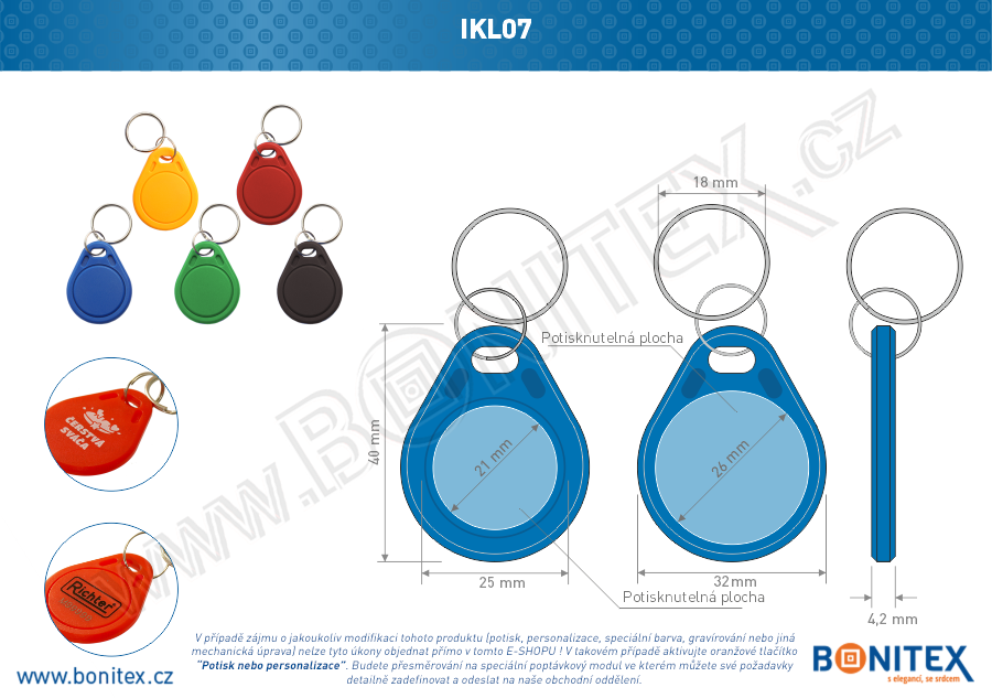 ABS klíčenka 40x32, tl. 4,2mm s RFID 13,56 MHz, modrá-botinex