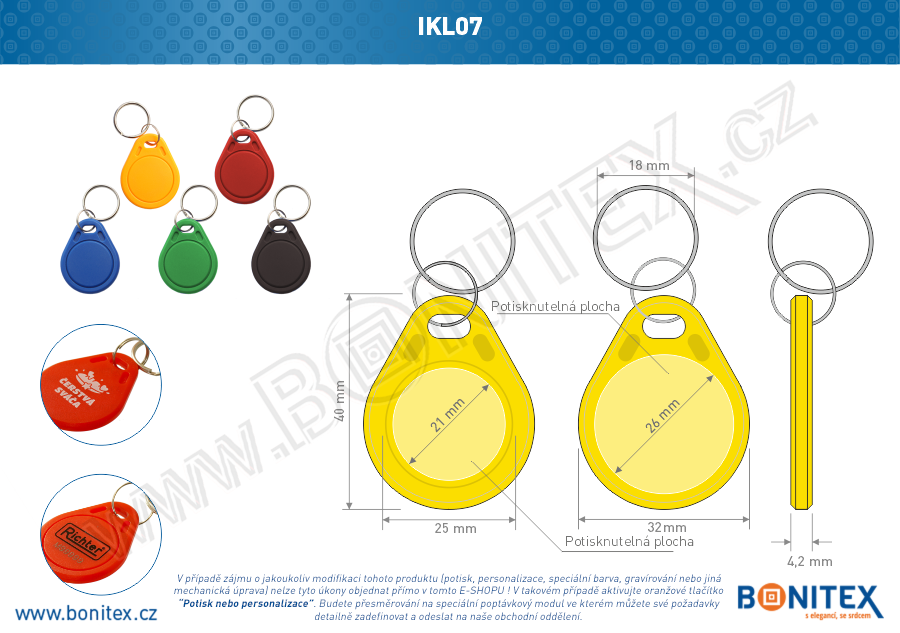 ABS klíčenka 40x32, tl. 4,2mm s RFID 13,56 MHz, žlutá-botinex