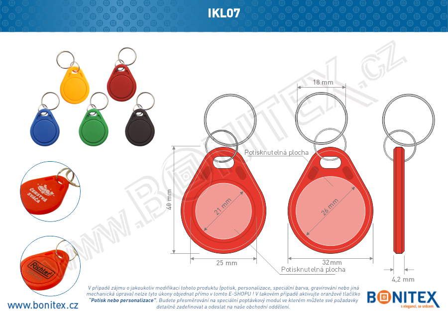 ABS klíčenka 40x32, tl. 4,2mm s RFID 13,56 MHz, červená-botinex