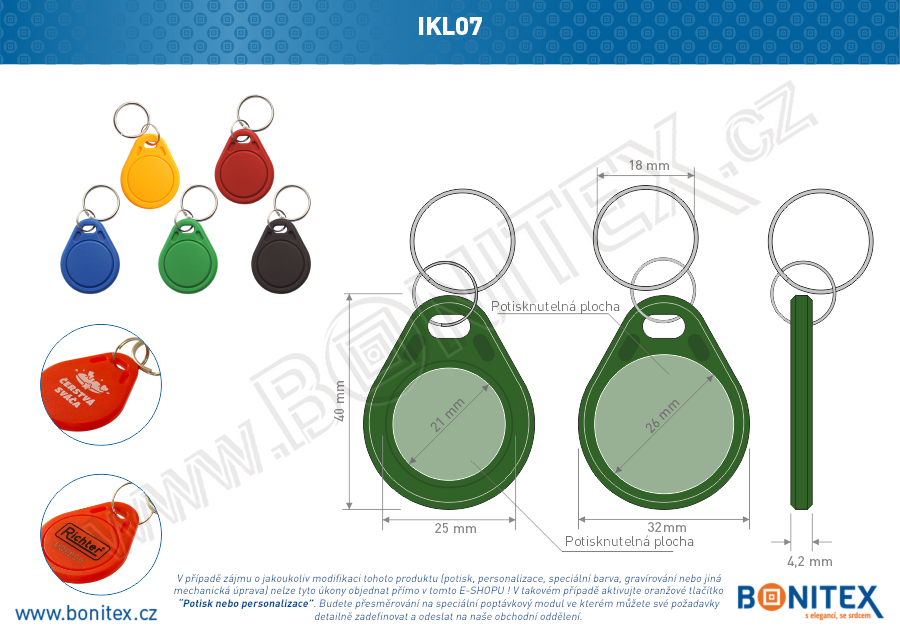 ABS klíčenka 40x32, tl. 4,2mm s RFID 13,56 MHz, tmavá zelená-botinex