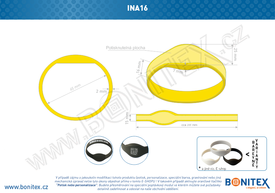 Silikonový náramek, průměr 65mm s RFID 13,56 MHz, žlutý-botinex