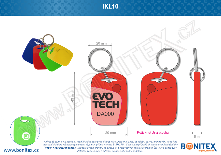 ABS klíčenka 44x30, tl. 4,2mm s RFID 125 kHz, červená-botinex