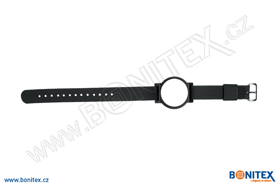 Nylonový náramek 255-265x16mm, kovová spona 1, s RFID 13,56 MHz, černý/č.černo-bílý-botinex