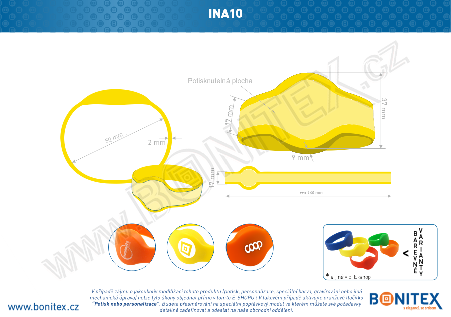 Silikonový náramek, průměr 50mm s RFID 13,56 MHz, žlutý-botinex