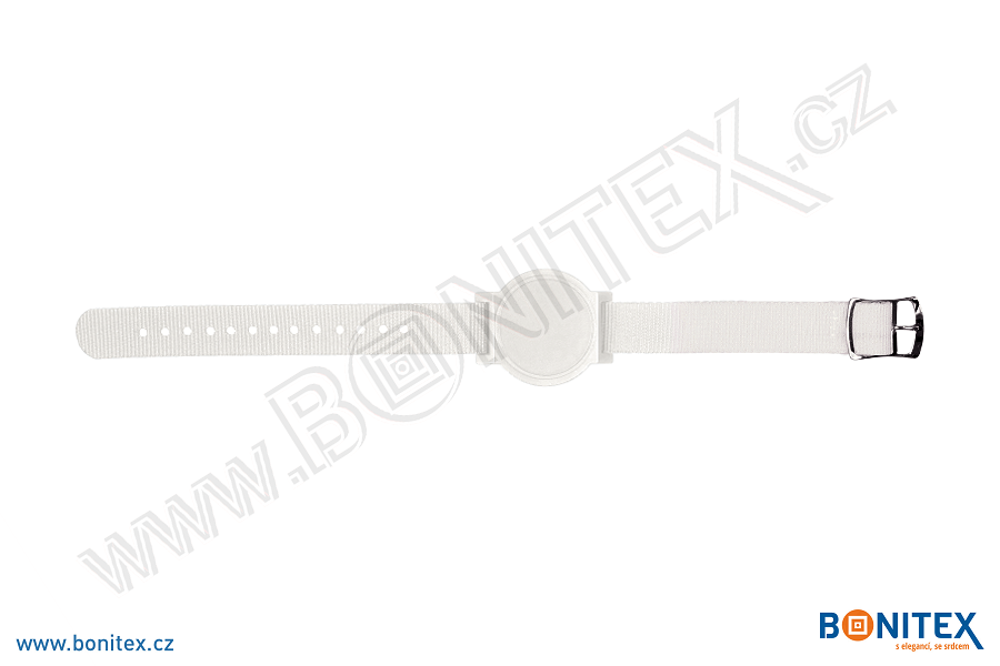 Nylonový náramek 255-265x15mm, kovová spona 2, s RFID 125 kHz, bílý/č.bílý-botinex