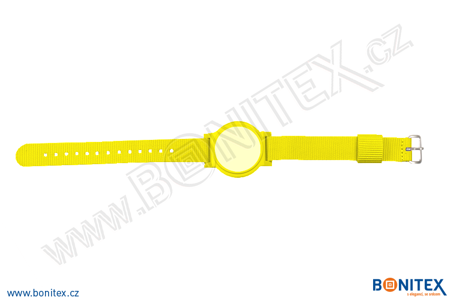 Nylonový náramek 255-265x16mm, kovová spona 1, s RFID 125 kHz, žlutý/č.žluto-bílý-botinex