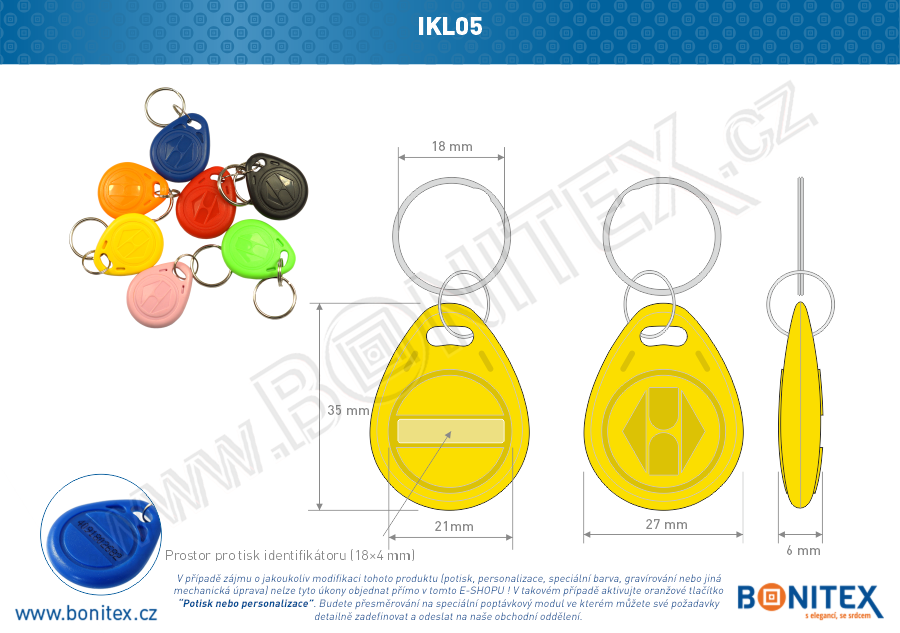 ABS klíčenka 35x28, tl. 6mm s RFID 125 kHz, žlutá+UID HEX-5B-botinex