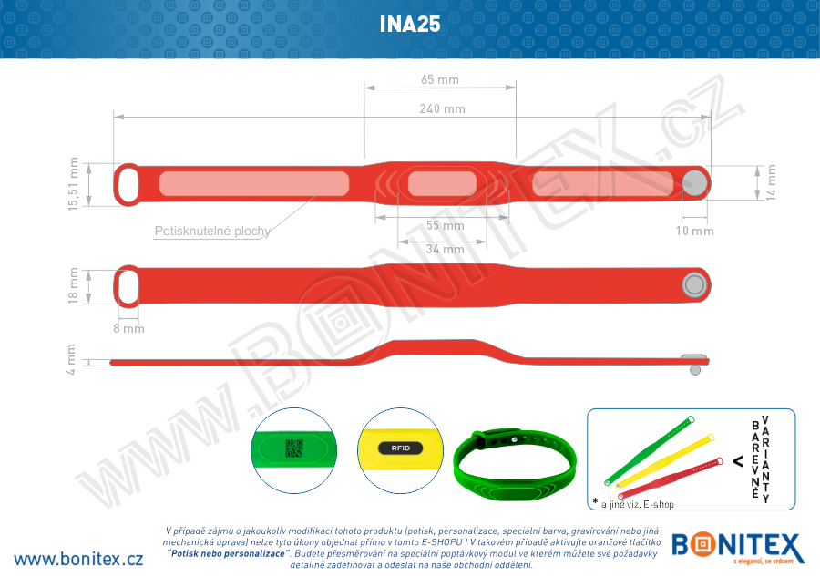 Silikonový náramek 242x13/17mm, kovový knoflík, s RFID 13,56 MHz, červený-botinex