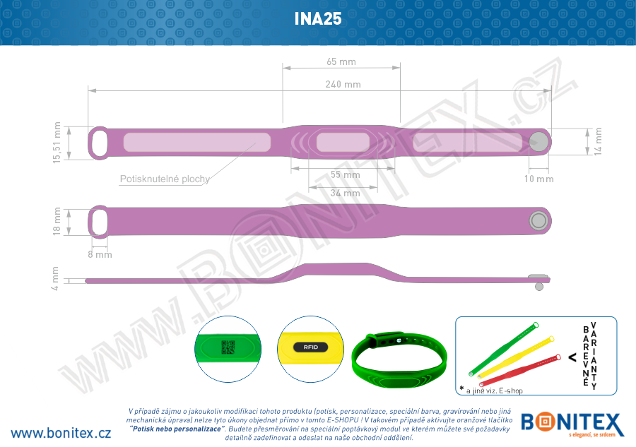 Silikonový náramek 242x13/17mm, kovový knoflík, s RFID 13,56 MHz, purpurový-botinex