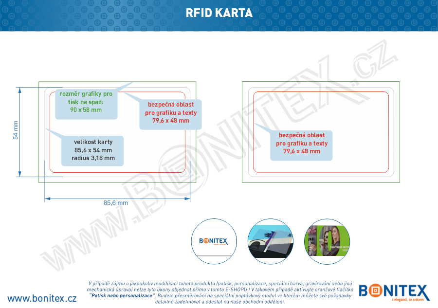 Plastová karta PVC, rozměr ISO, tl. 0,82mm s RFID 13,56 MHz, lesklá laminace (VC-32), bílá-botinex